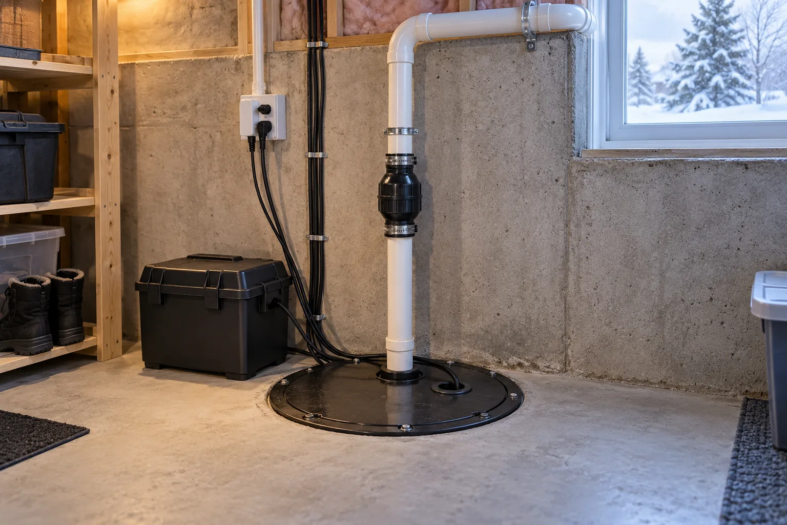 Dry basement utility area with a covered sump basin and battery backup system